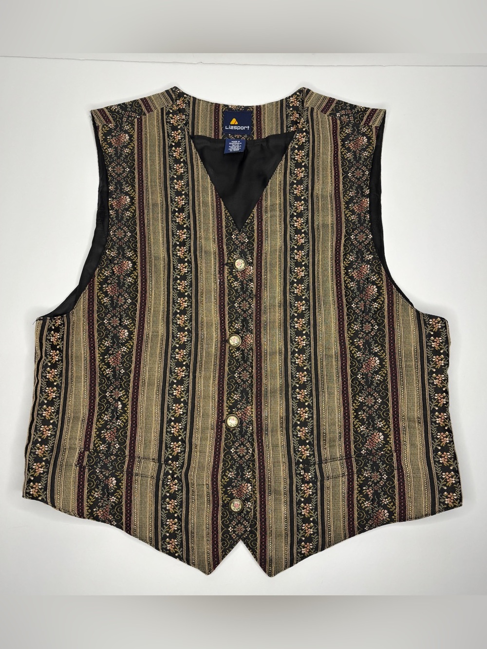 LizSport Vintage Floral And Stripes Brocade Vest sz 12 90s Tapestry Cottagecore
